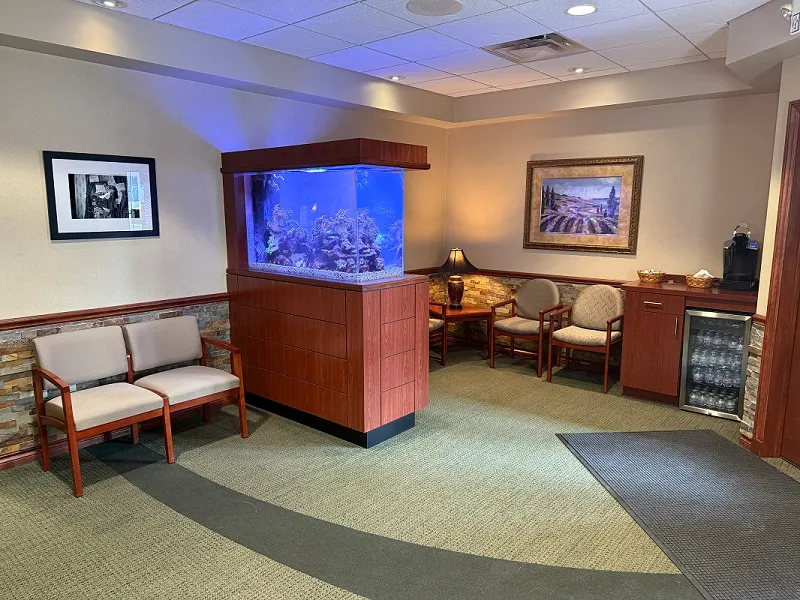 Inside lobby area with fish tank